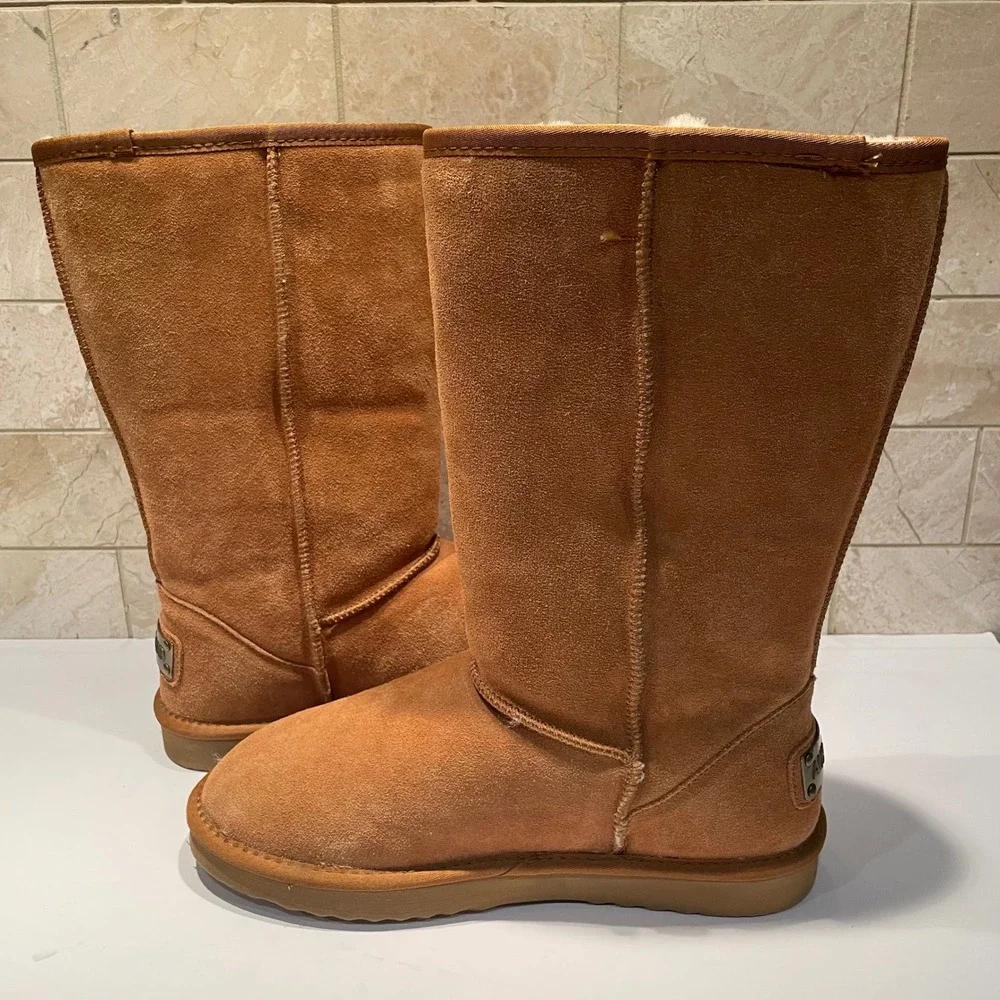 Ausland Women Mid Calf Suede Sheepskin Snow Boots Chestnut Tan Size 8.5 5116 NEW
